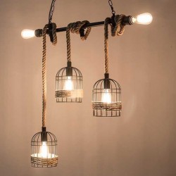 Lâmpada de suspensão de ferro retro com corda de malha de mão - luzes na gaiola