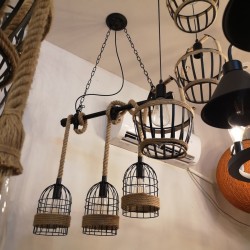 Lâmpada de suspensão de ferro retro com corda de malha de mão - luzes na gaiola