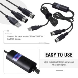 Cabo de interface USB para midi - adaptador - conversor para teclado de música PC - Windows Mac iOS - 2m