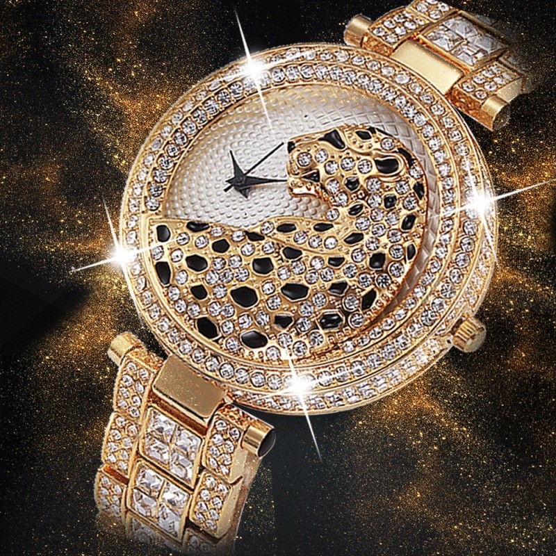 Relógio de quartzo de ouro de luxo com diamantes e leopardo