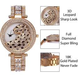 Relógio de quartzo de ouro de luxo com diamantes e leopardo