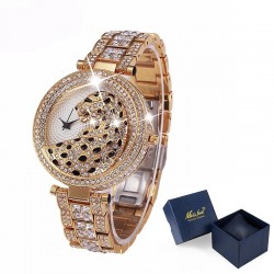 Relógio de quartzo de ouro de luxo com diamantes e leopardo