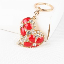 Coração de cristal com flores vermelhas - chaveiro