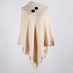 Knitted pullover with tassels - poncho with buttons - shawlHoodies & Jumpers