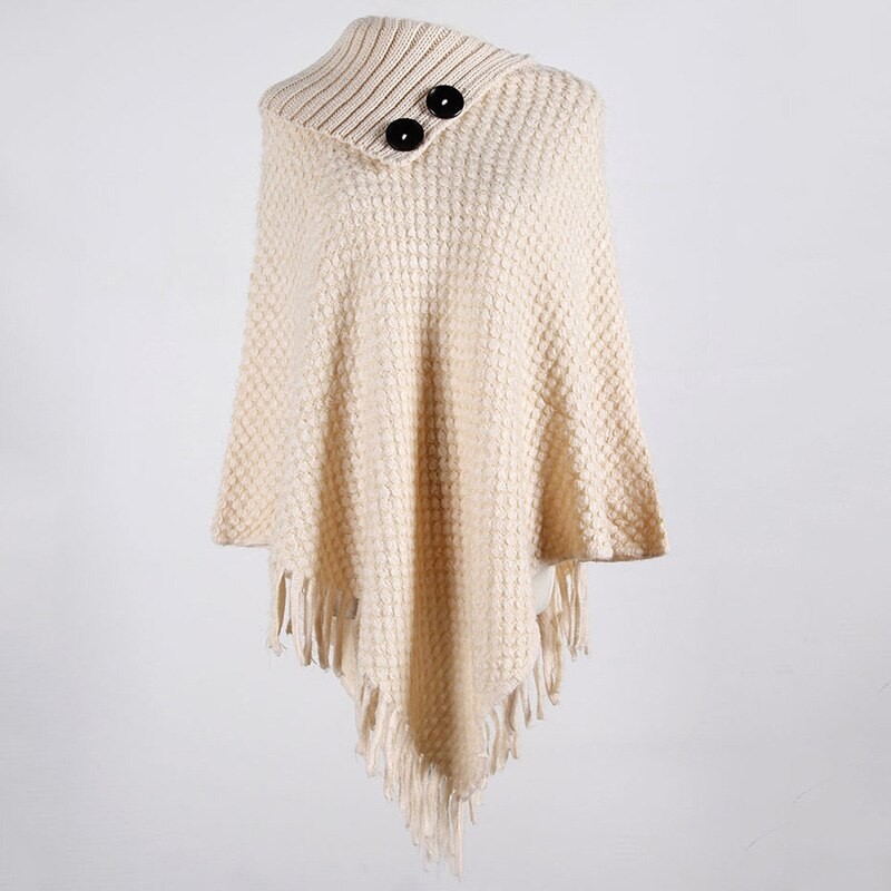 Knitted pullover with tassels - poncho with buttons - shawlHoodies & Jumpers