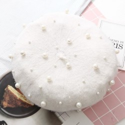 Elegante lã beret com pérolas - chapéu