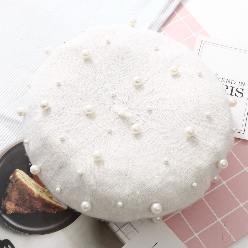 Elegante lã beret com pérolas - chapéu