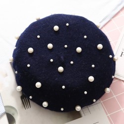 Elegante lã beret com pérolas - chapéu