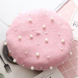 Elegante lã beret com pérolas - chapéu