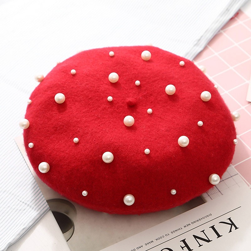 Elegante lã beret com pérolas - chapéu