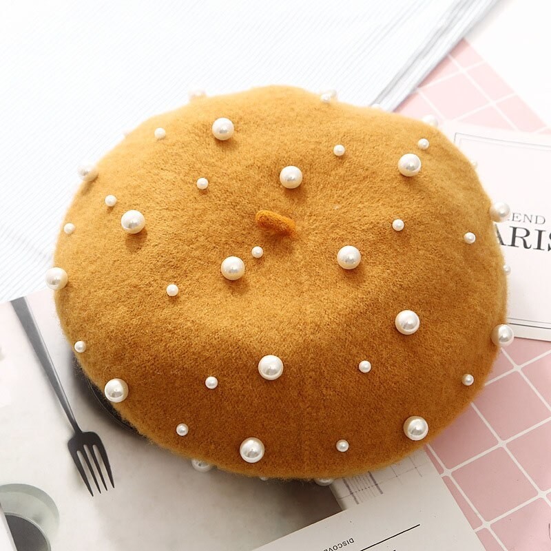Elegante lã beret com pérolas - chapéu