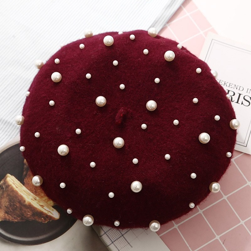 Elegante lã beret com pérolas - chapéu
