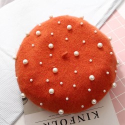 Elegante lã beret com pérolas - chapéu