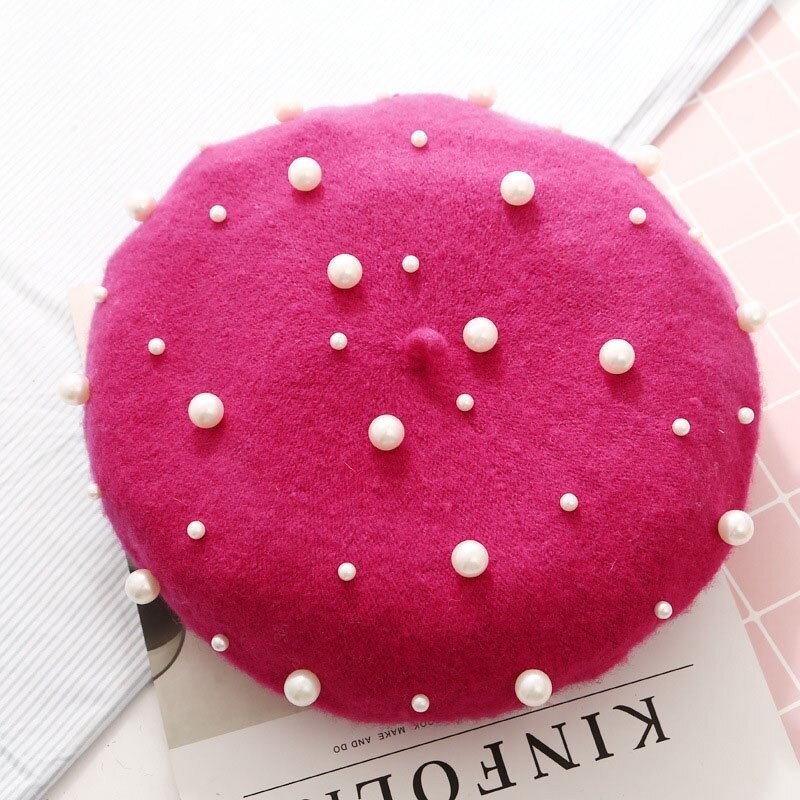 Elegante lã beret com pérolas - chapéu
