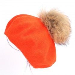 Elegante beret com pele pom-pom