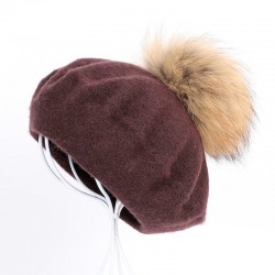 Elegante beret com pele pom-pom