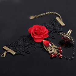 Gothic style lace bracelet with red rose & adjustable ringBracelets