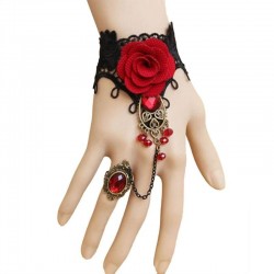 Pulseira de renda estilo gótico com rosa vermelha & anel ajustável