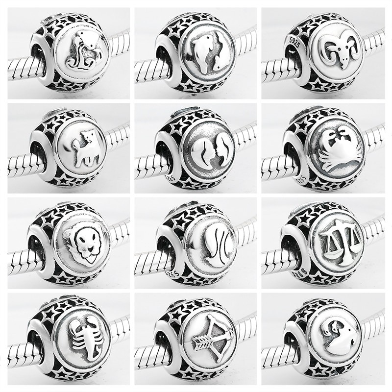 925 prata esterlina - 12 constelação zodiac - contas de pulseira