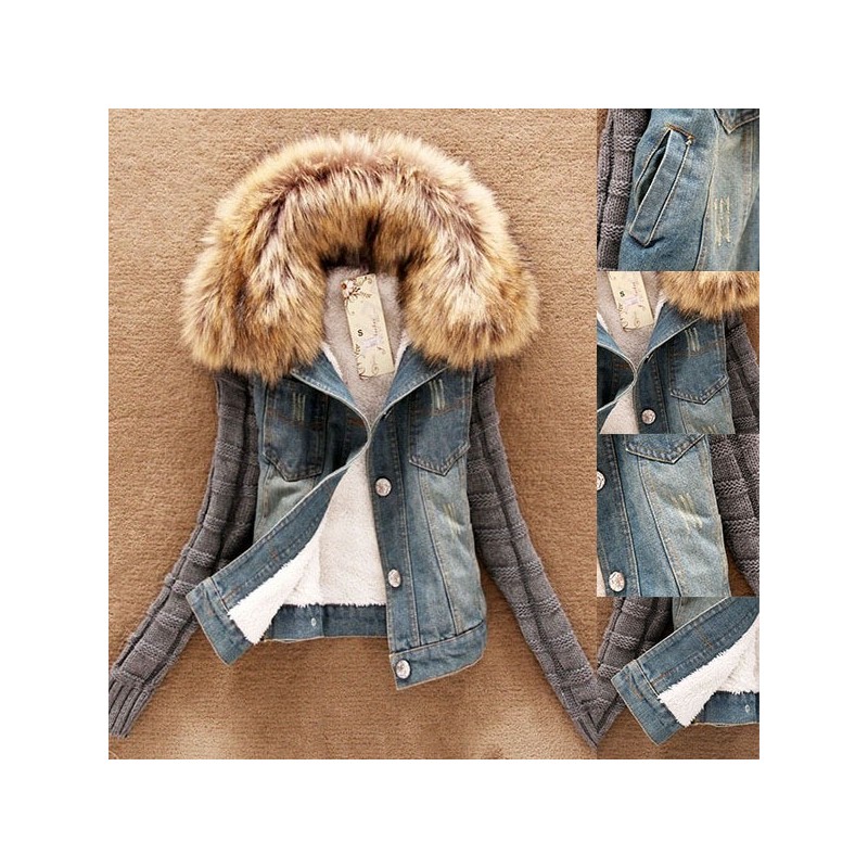 Fashionable denim & fleece short jacket with detachable fur collarJackets