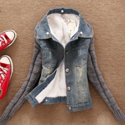 jaqueta curta de jeans e lã na moda com colarinho de pele destacável